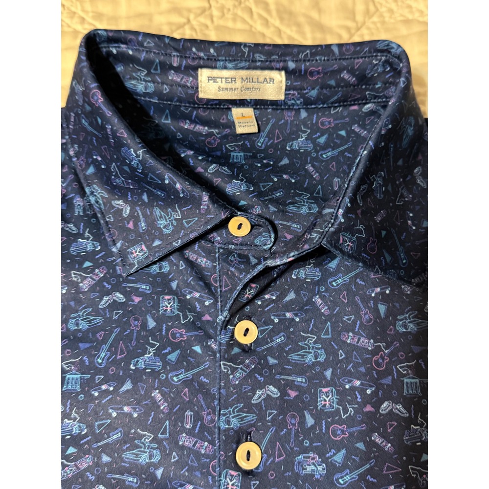 Peter Millar Summer Comfort 1985 AOP Polo Shirt Mens Large Blue La Grange CC
